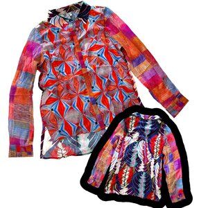 Bl^nk Anthropologie Long Sleeve Button Up Patchwork Leaf Blouse Shirt Geometric